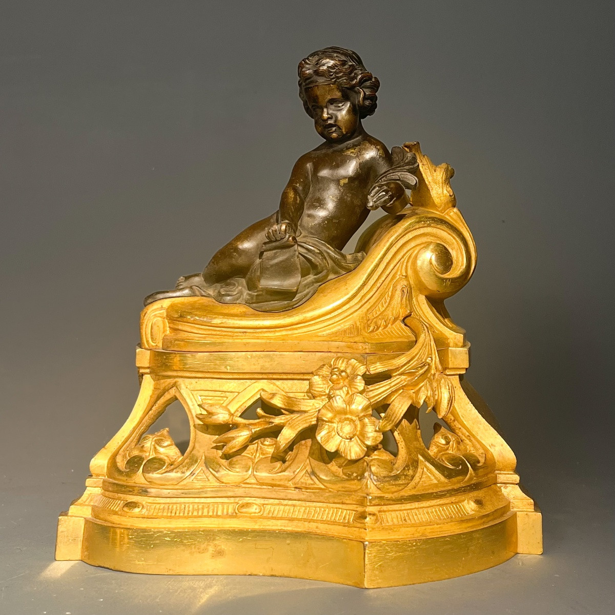 Pair Of Bronze Cherub Andiron Decorations -photo-2