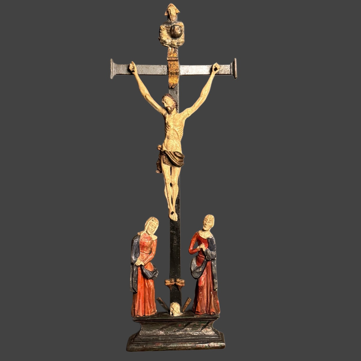 Great Calvary - Crucifiction Carved Wood Polychrome Folk Art 18th Century-photo-2