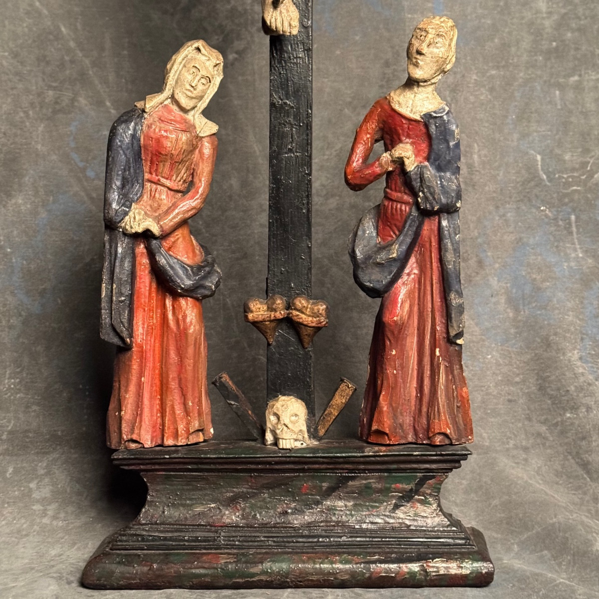 Great Calvary - Crucifiction Carved Wood Polychrome Folk Art 18th Century-photo-3