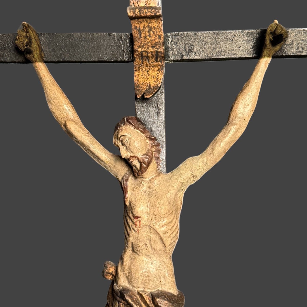 Great Calvary - Crucifiction Carved Wood Polychrome Folk Art 18th Century-photo-1