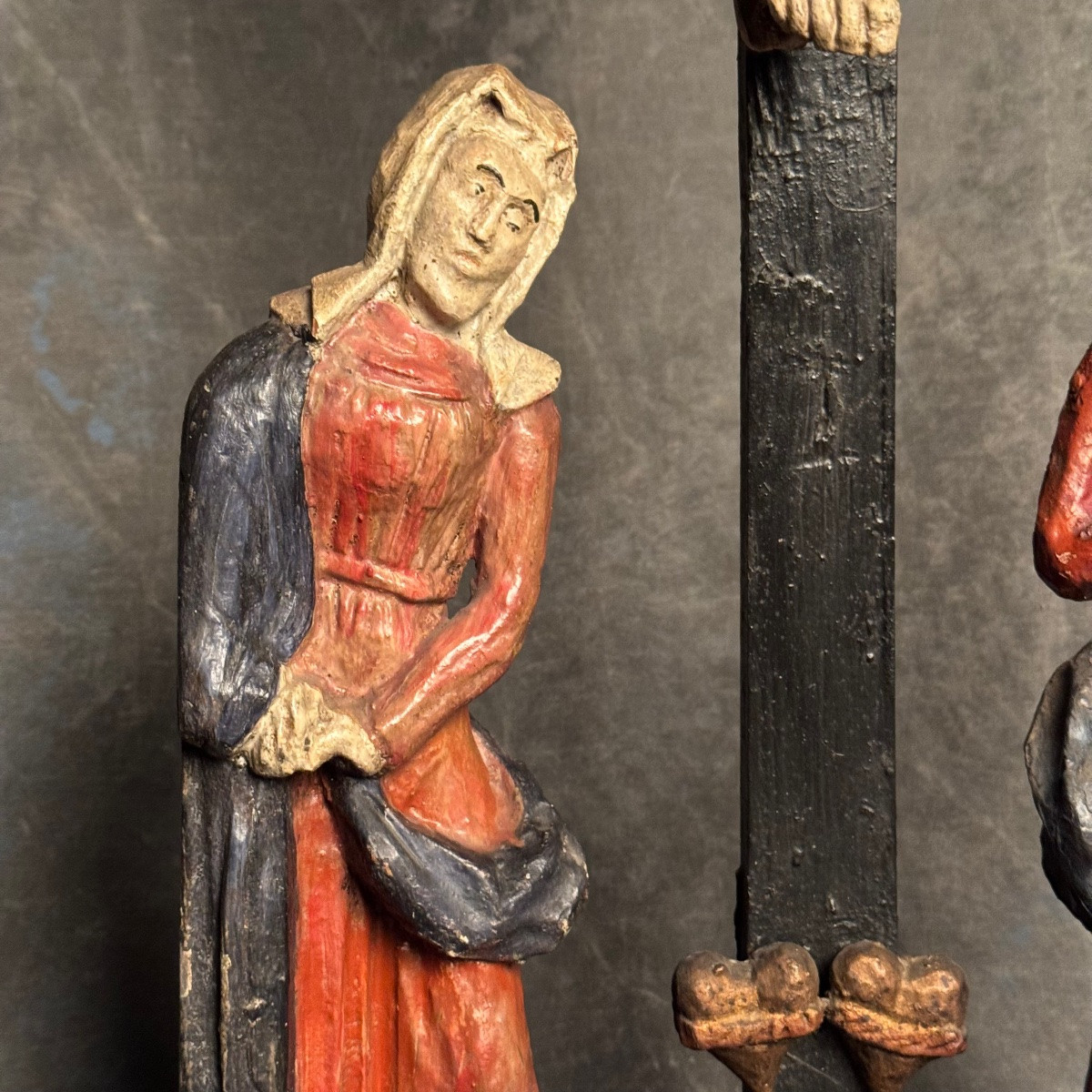 Great Calvary - Crucifiction Carved Wood Polychrome Folk Art 18th Century-photo-2