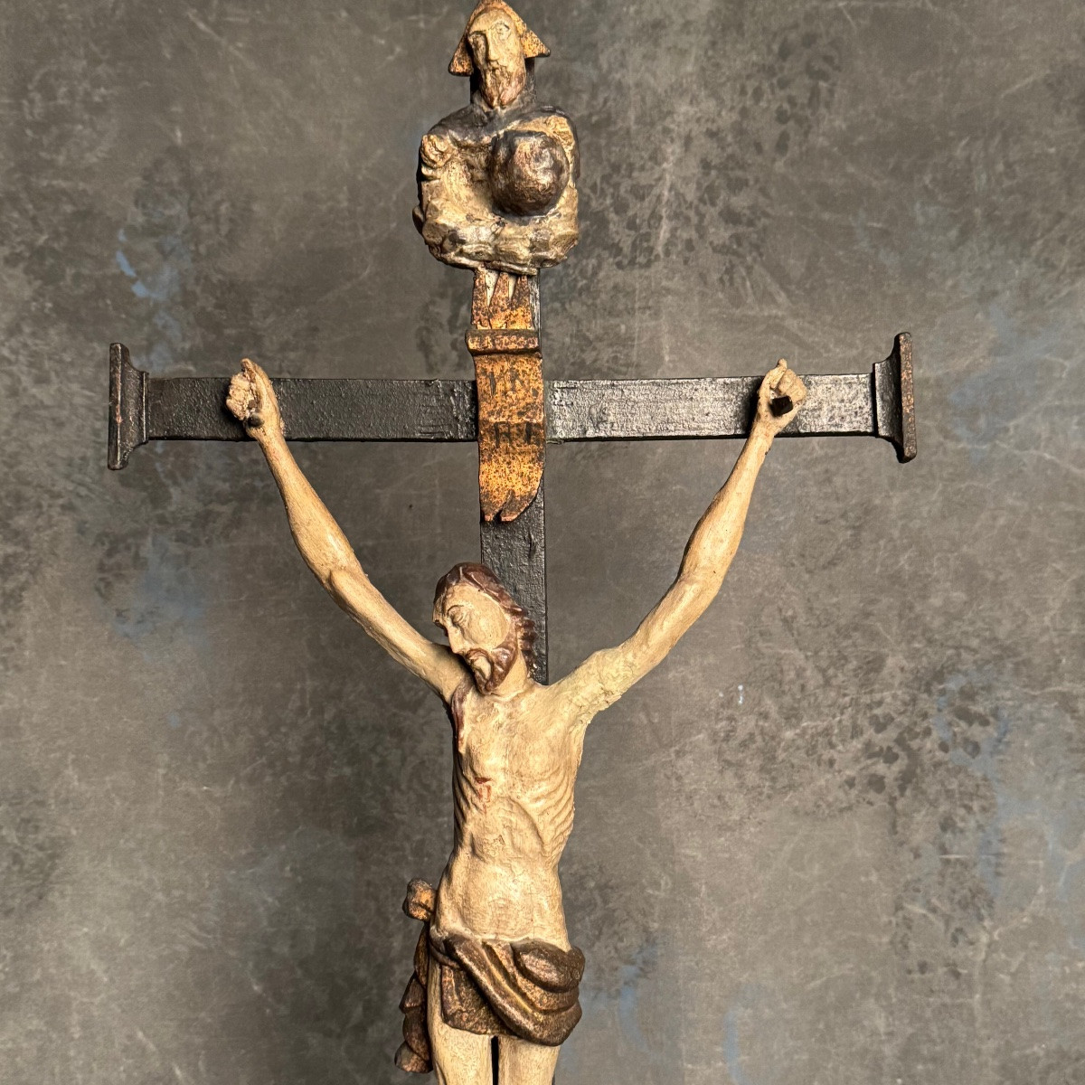 Great Calvary - Crucifiction Carved Wood Polychrome Folk Art 18th Century-photo-4