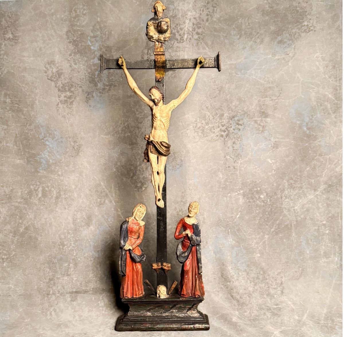 Great Calvary - Crucifiction Carved Wood Polychrome Folk Art 18th Century