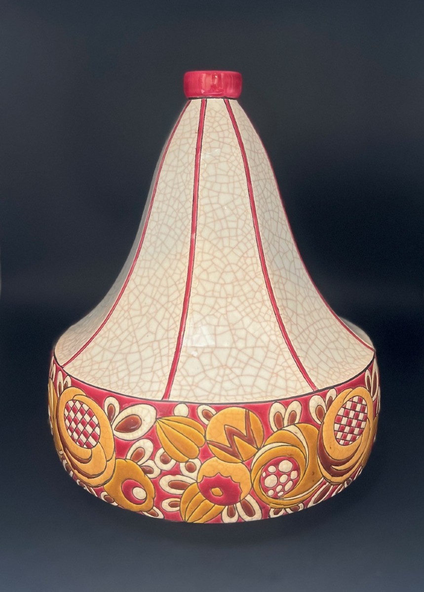 Art Deco Vase, "spinning Top" Model, From Emaux De Longwy -photo-2