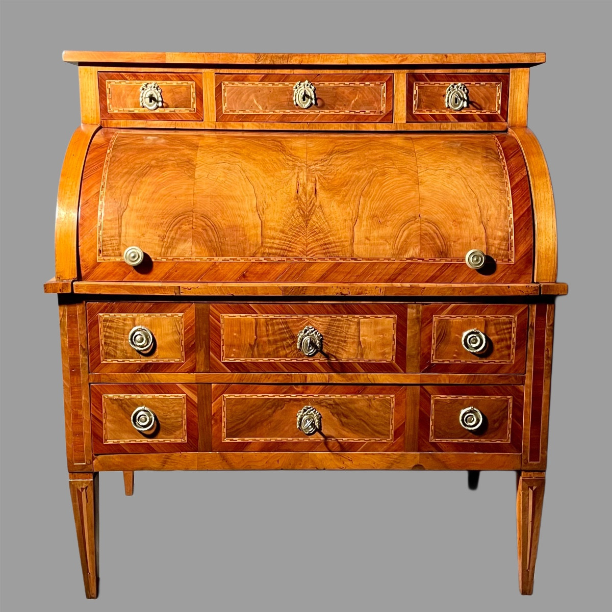 18th Century Marquetry Cylinder Secretary Desk 
