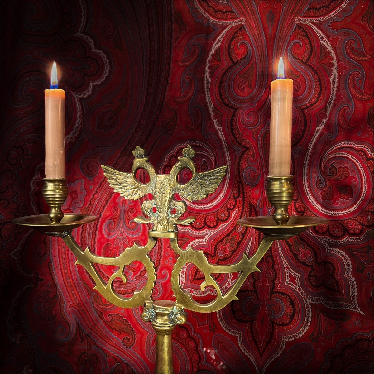 Pair Of 19th Century Bronze Two-branch Candlesticks Decorated With Double-headed Eagles.-photo-2