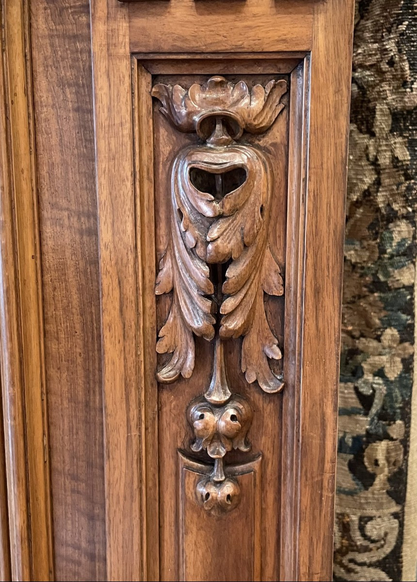 Late 19th Century Carved Walnut Fireplace Mantel With Its Copper And Brass Firebox -photo-2
