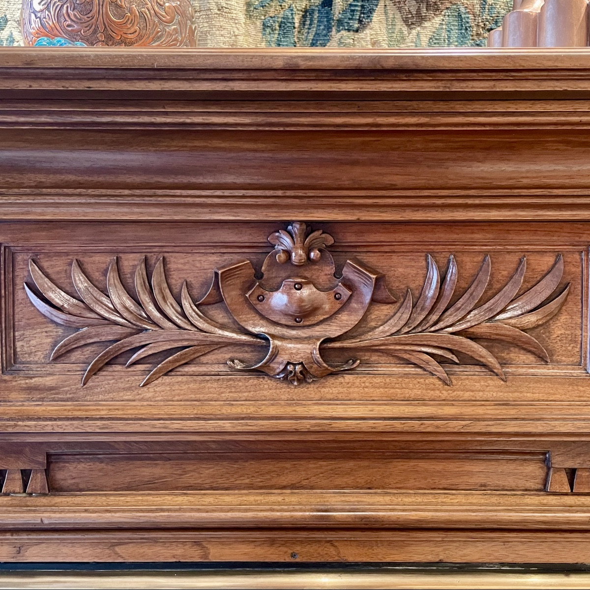Late 19th Century Carved Walnut Fireplace Mantel With Its Copper And Brass Firebox -photo-4