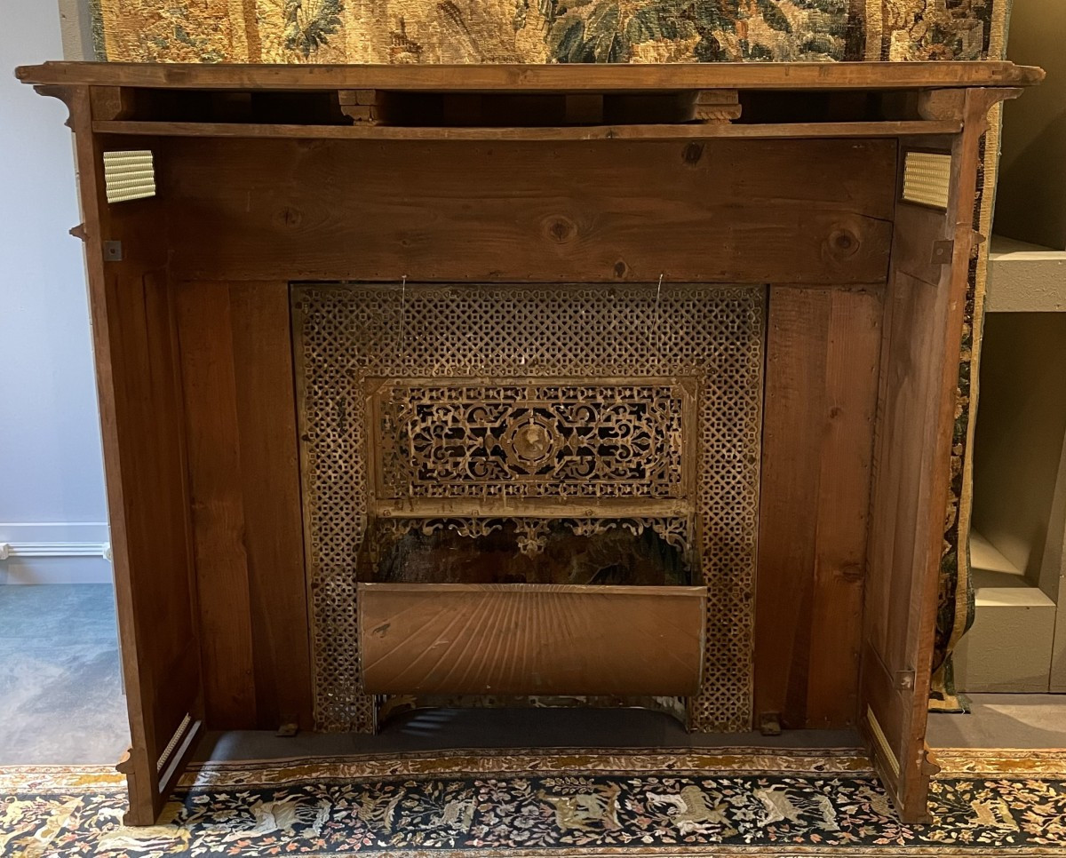 Late 19th Century Carved Walnut Fireplace Mantel With Its Copper And Brass Firebox -photo-3