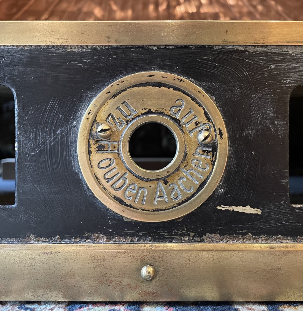 Late 19th Century Carved Walnut Fireplace Mantel With Its Copper And Brass Firebox -photo-2
