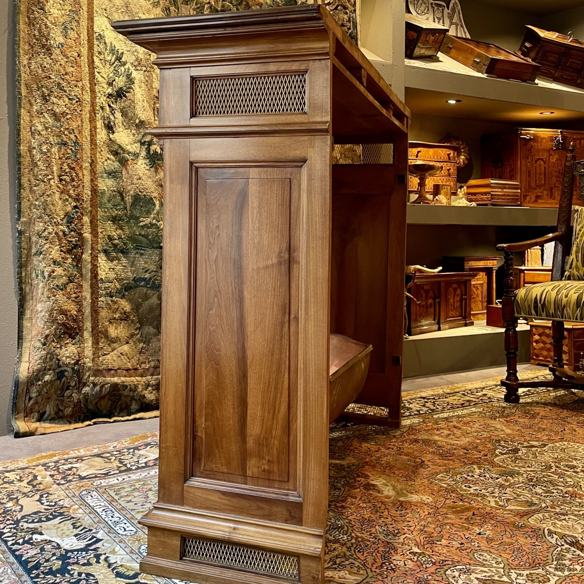 Late 19th Century Carved Walnut Fireplace Mantel With Its Copper And Brass Firebox -photo-1