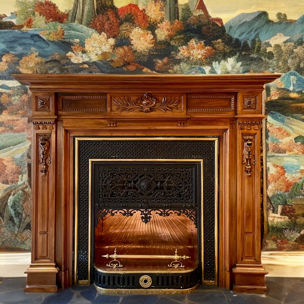 Late 19th Century Carved Walnut Fireplace Mantel With Its Copper And Brass Firebox 