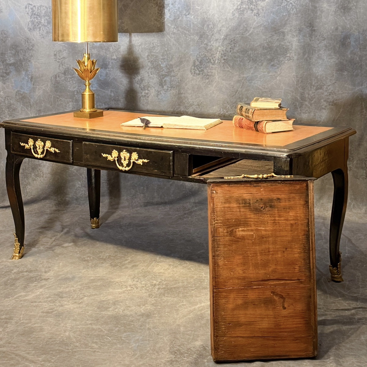 Flat Desk With 3 Drawers, 18th Century, Black Lacquered Wood-photo-3
