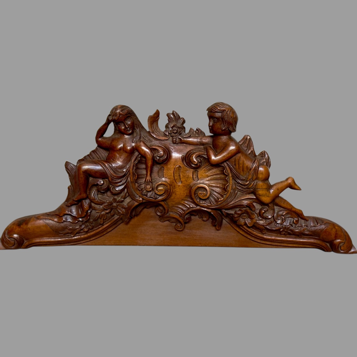 Walnut Sculpture Cherub Offering Flowers To His Bride-photo-2