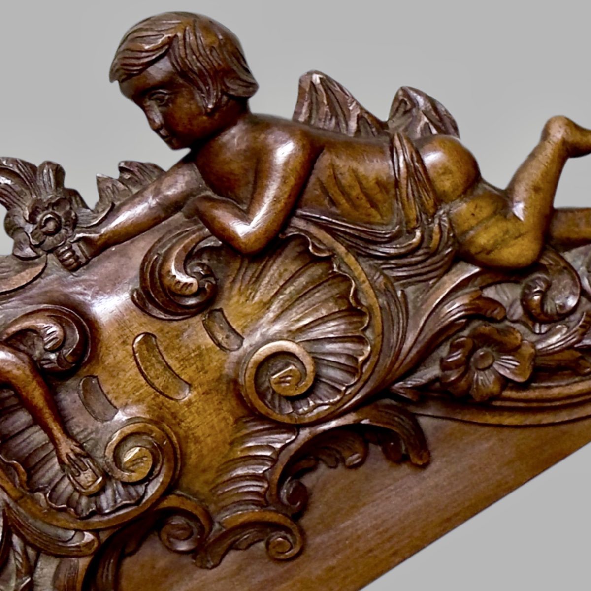 Walnut Sculpture Cherub Offering Flowers To His Bride-photo-1