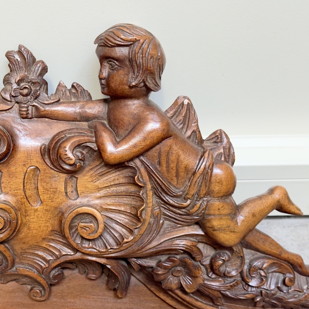 Walnut Sculpture Cherub Offering Flowers To His Bride-photo-2