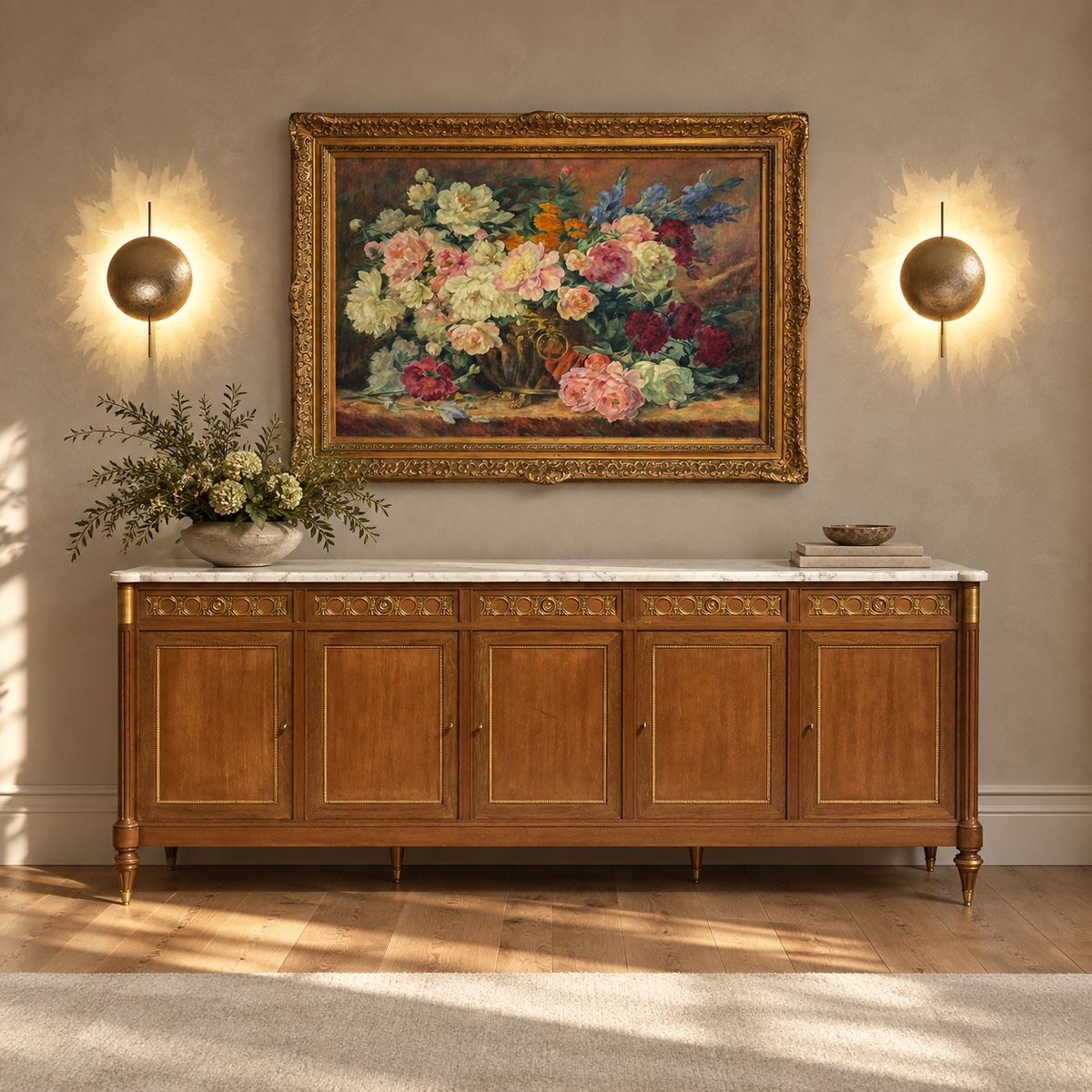 Grand buffet style Louis XVI plateau marbre Carrare
