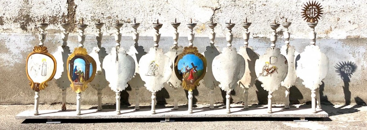 16 18th Procession Candlesticks In Metal And Painted Wood-photo-3