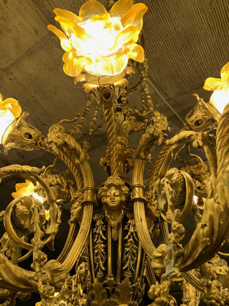 Large Napoleon Bronze Chandelier 3 To 12 Lights, Glass Paste Decor, Rams And Woman's Heads-photo-2