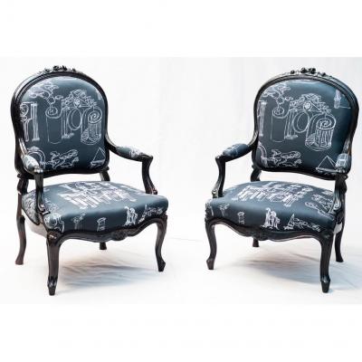 Pair Of Black Lacquered Armchairs Epoque Napoleon III