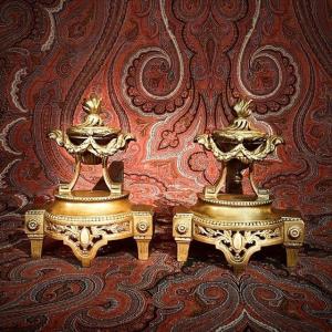 Pair Andirons Decor Louis XVI Bronze Fire Pots