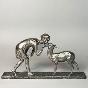 The Girl And The Fawn Silver Bronze Jean Verschneider (1872-1943) 