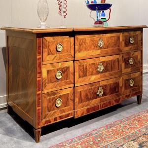 Commode Louis XVI marquetée époque 18ème en fruitiers dessus bois, région Alsace