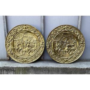 A Pair Of Identical 19th-century Repoussé Brass Offering Dishes Featuring A Wine Theme