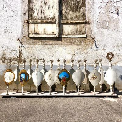 16 18th Procession Candlesticks In Metal And Painted Wood