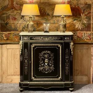 Meuble D’appui Cabinet Napoleon III Marqueterie Rinceaux Bronze  & Oiseaux En Nacre