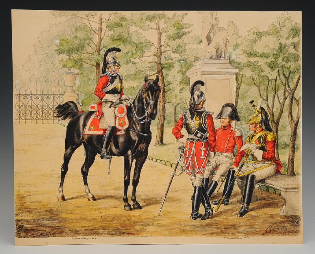 GRAMMONT Emmanuel (1862-1960) : MOUSQUETAIRES NOIRS, MOUSQUETAIRES GRIS : Gouache aquarellée,