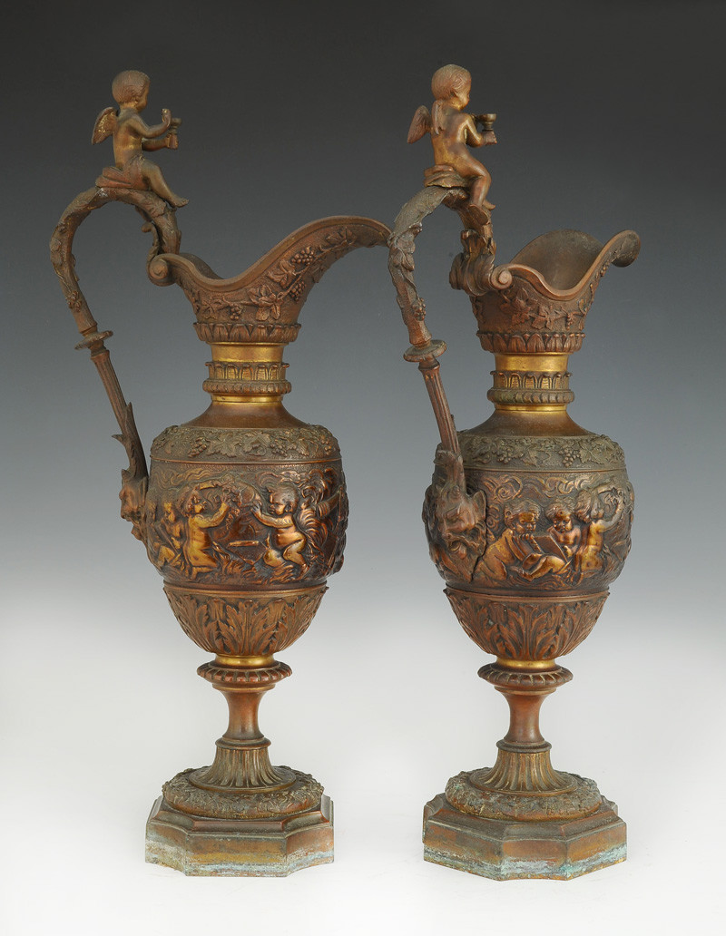 Pair Of Renaissance Style Ewers In Gilt And Patinated Bronze, Napoleon III-photo-2