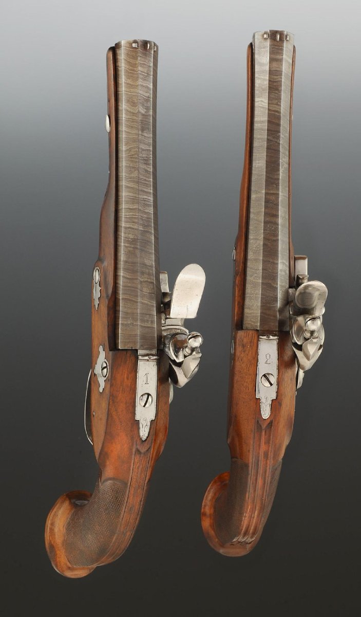 PAIRE DE PISTOLETS À SILEX D'OFFICIER SIGNÉS FEUILLET, ARQUEBUSIER À GRENOBLE, Premier Empire.-photo-3