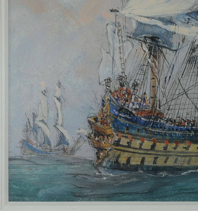 SÉbille Albert, Peintre De La Marine - Gouache AquarellÉe : Escadre De Vaisseau De Louis XIV-photo-3