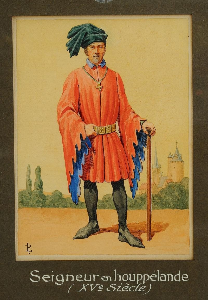 Rousselot Lucien: Lord In Houppelande, XVth Century, Gouache On Paper, XXth Century.