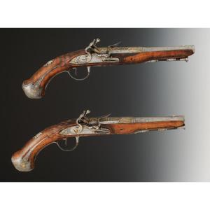Pair Of Flintlock Pistols Signed Poitevin In Angoulême, Old Monarchy, Circa 1745.