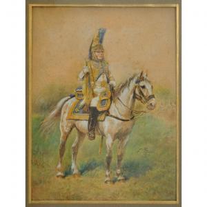 Trompette De La Garde De l'Impératrice À Cheval : Aquarelle Originale, Premier Empire.