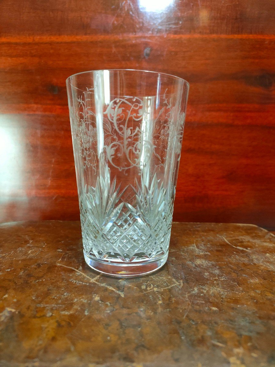 Saint Louis, 4 Glasses Engraved With Flowers, Foliage And Ribbon, Monogram-photo-3
