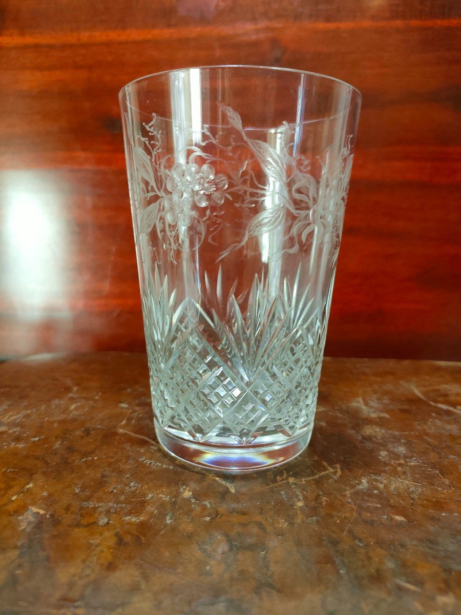 Saint Louis, 4 Glasses Engraved With Flowers, Foliage And Ribbon, Monogram-photo-1