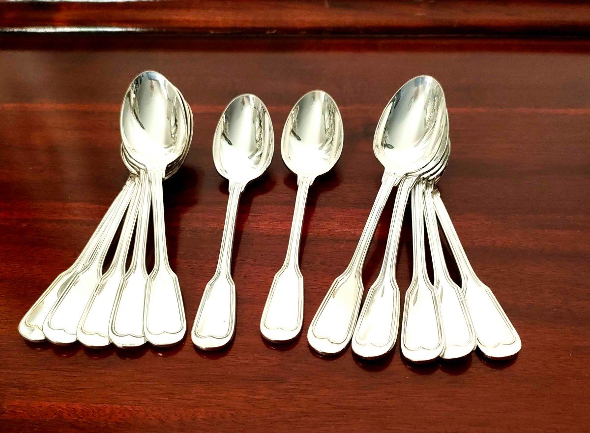 12 Coffee Or Tea Spoons, Christofle, Chinon Model, Silver Metal-photo-2