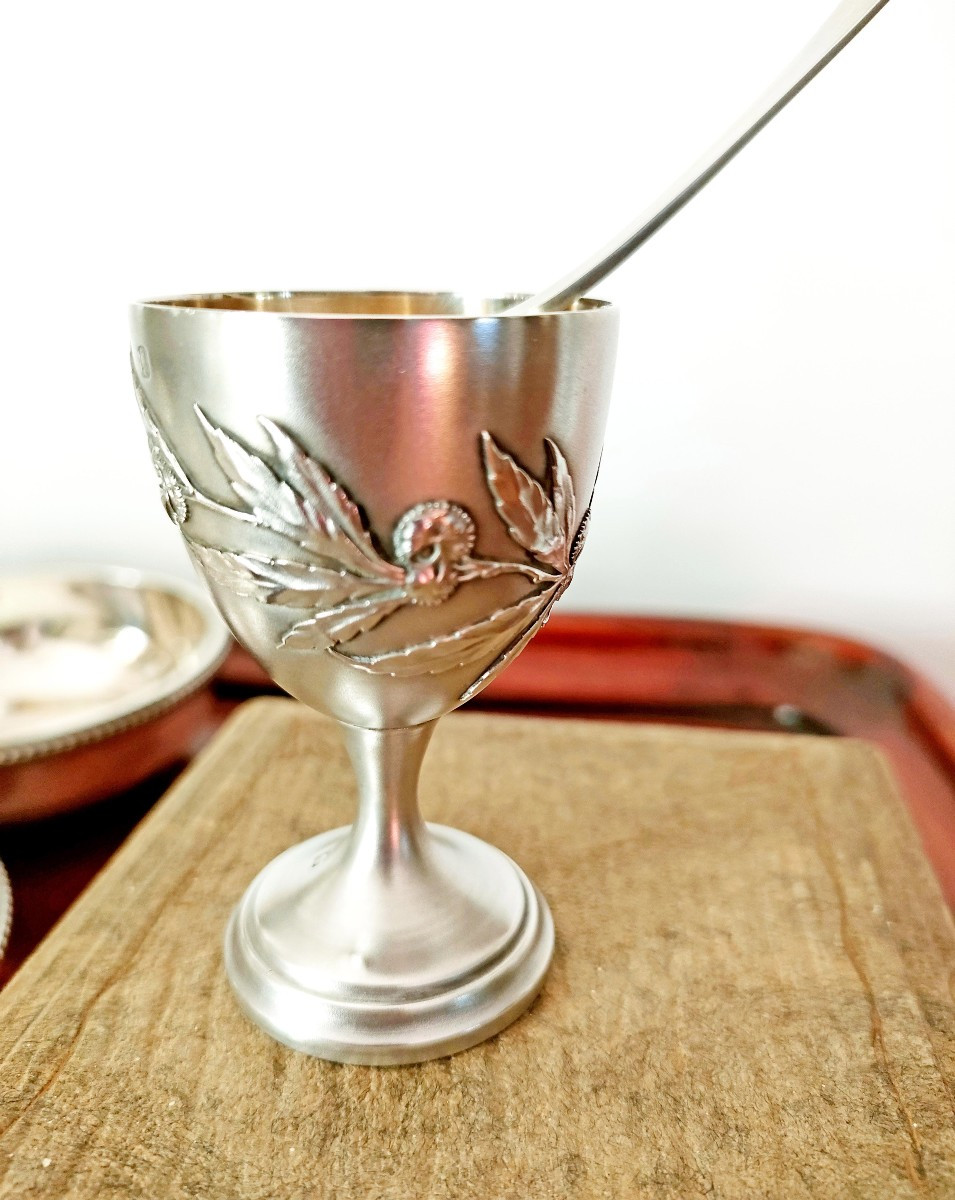 Silver Egg Cup And Spoon, Art Nouveau Period, Decorated With Chestnut Branches  -photo-2