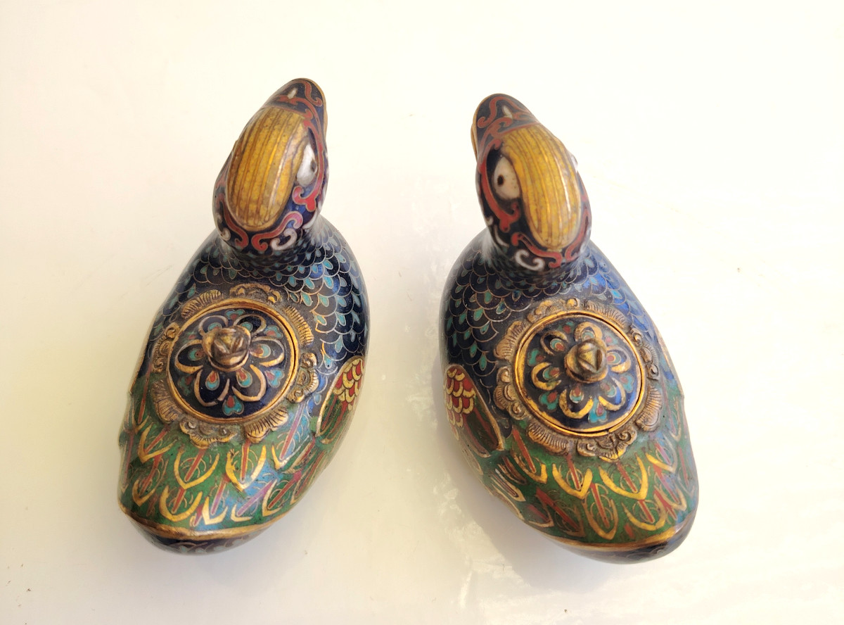 China 19-20th, Qing Dynasty, Pair Of Cloisonné Ducks-photo-3