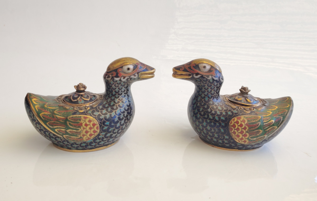 China 19-20th, Qing Dynasty, Pair Of Cloisonné Ducks