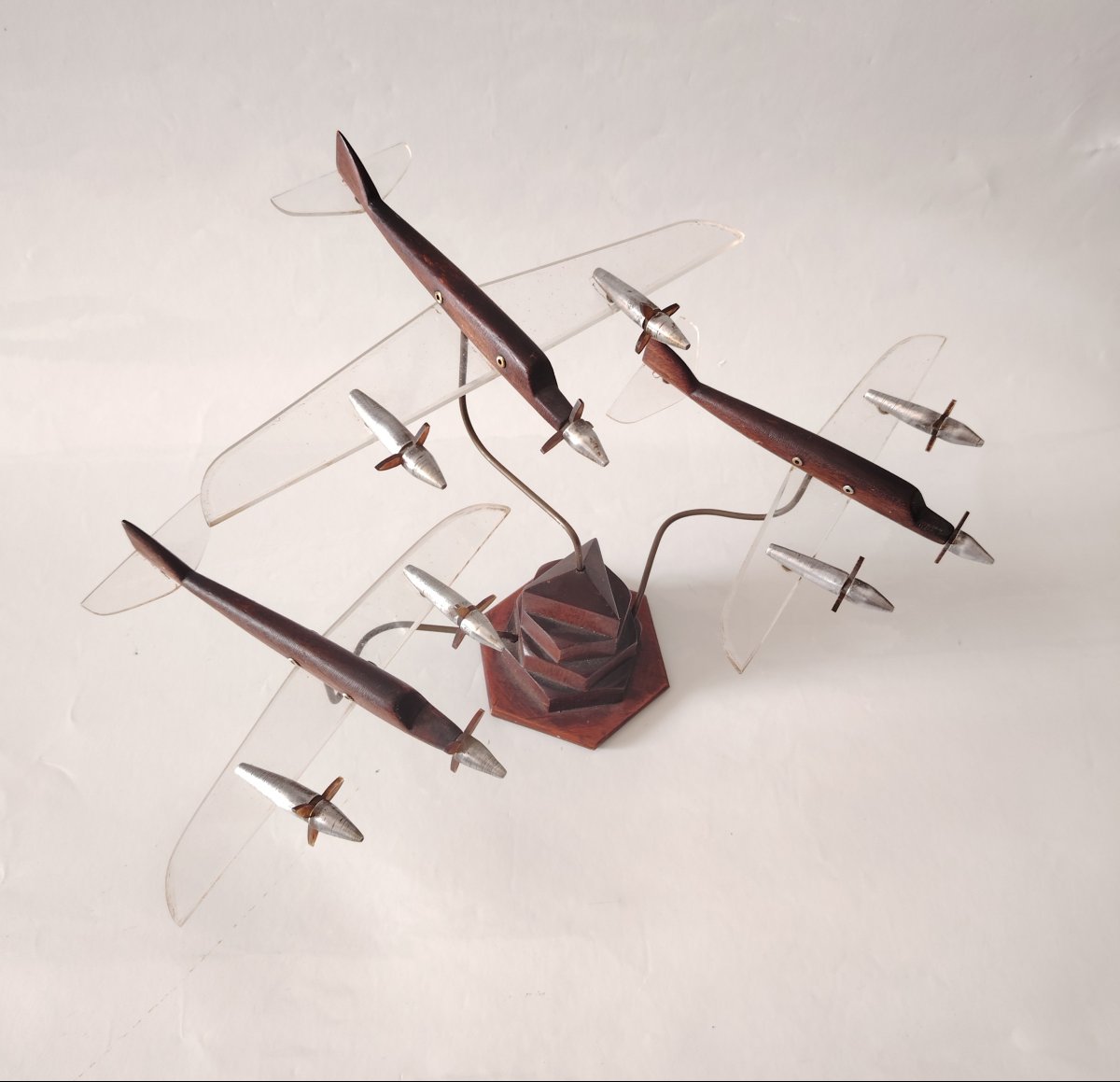  Art Déco – Escadrille de 3 avions en vol – Bois précieux, Plexiglas et Métal-photo-2