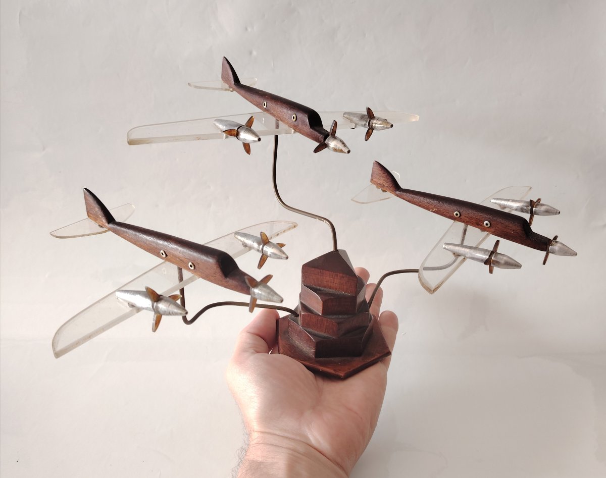  Art Déco – Escadrille de 3 avions en vol – Bois précieux, Plexiglas et Métal-photo-3