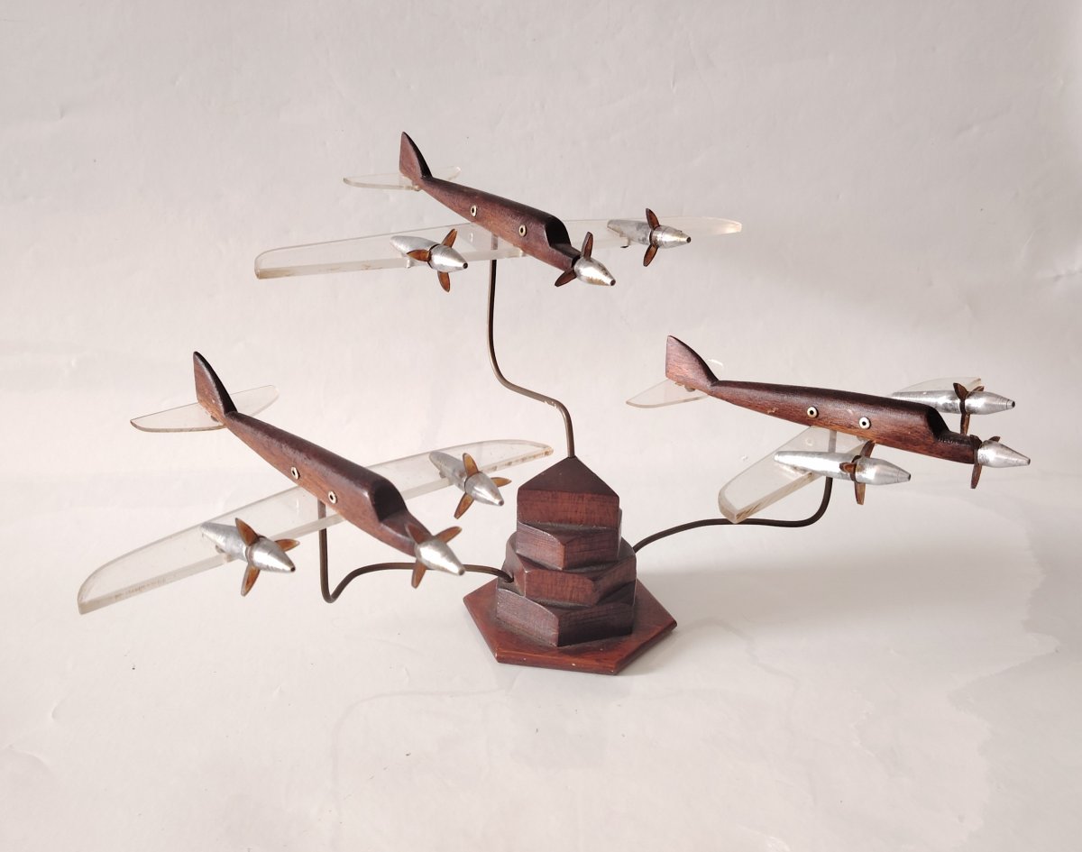  Art Déco – Escadrille de 3 avions en vol – Bois précieux, Plexiglas et Métal-photo-4