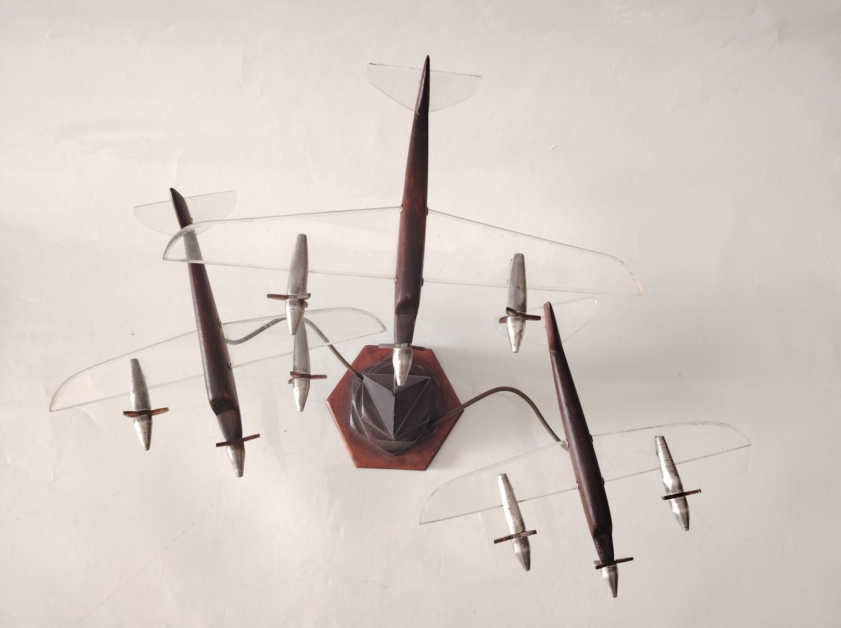  Art Déco – Escadrille de 3 avions en vol – Bois précieux, Plexiglas et Métal-photo-2