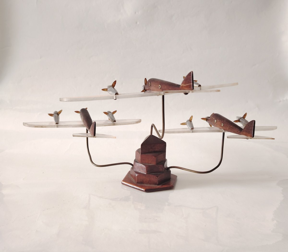  Art Déco – Escadrille de 3 avions en vol – Bois précieux, Plexiglas et Métal-photo-3
