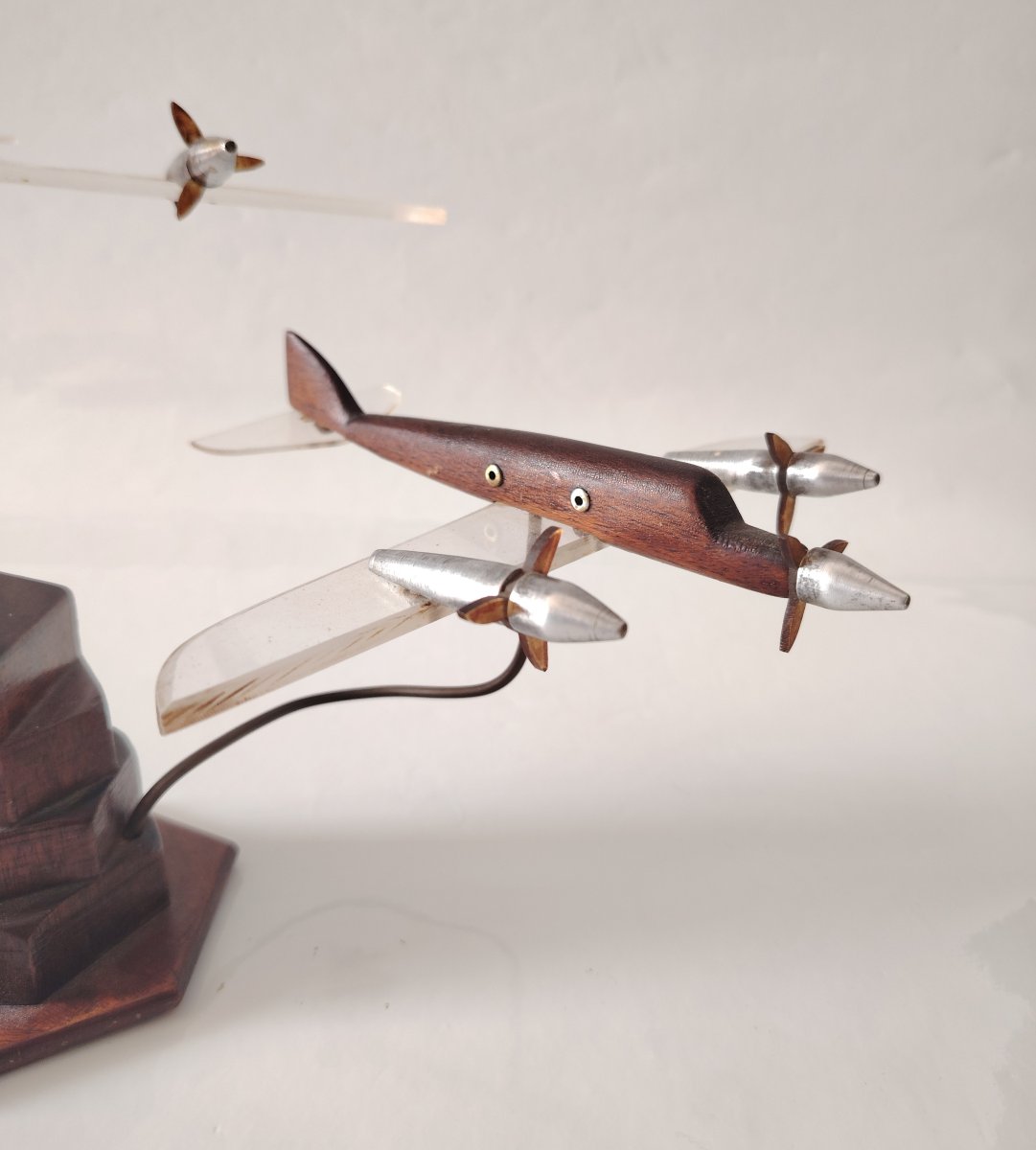  Art Déco – Escadrille de 3 avions en vol – Bois précieux, Plexiglas et Métal-photo-5
