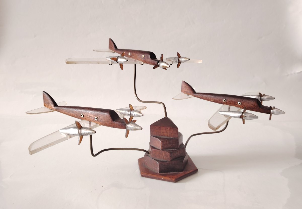  Art Déco – Escadrille de 3 avions en vol – Bois précieux, Plexiglas et Métal